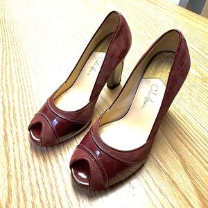 Cole Haan Women Dalya Nike Air Pump Wine Suede Leather Peep Toe Heels
